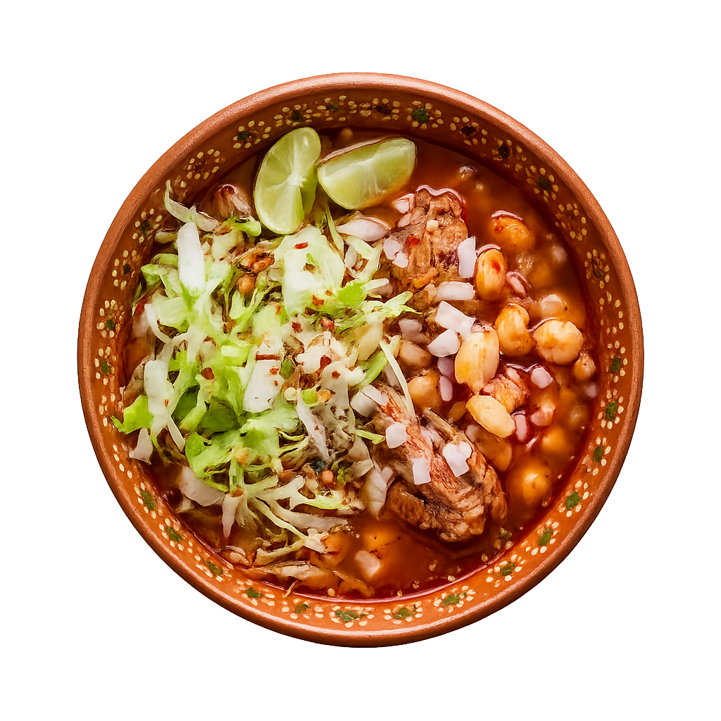 Tazón de barro con pozole rojo: maíz cacahuazintle, rábano, lechuga y tostada