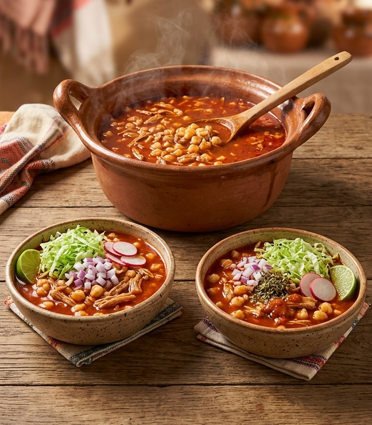 Pozole rojo tradicional servido en tazón de barro, preparado de manera artesanal